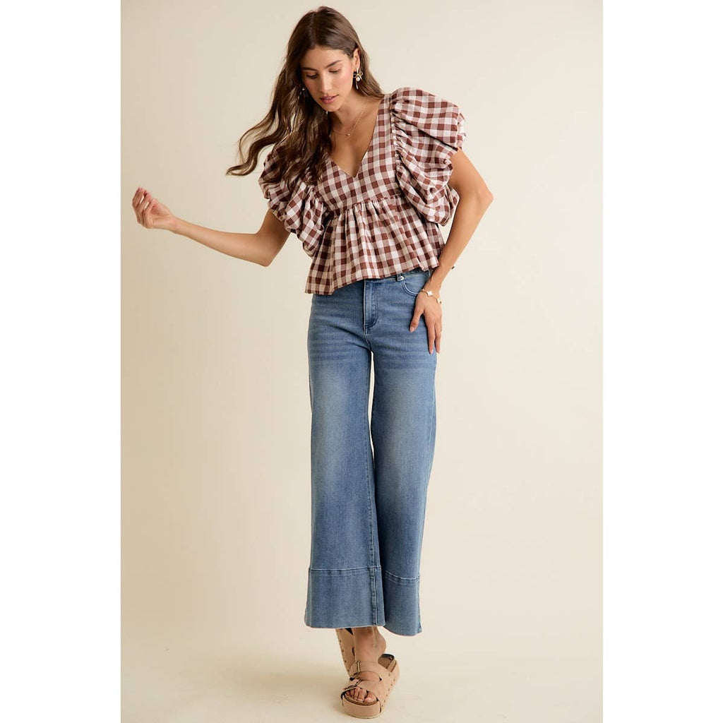 BROWN GINGHAM BUBBLE SLEEVES BACK SMOCKED BLOUSE TOP