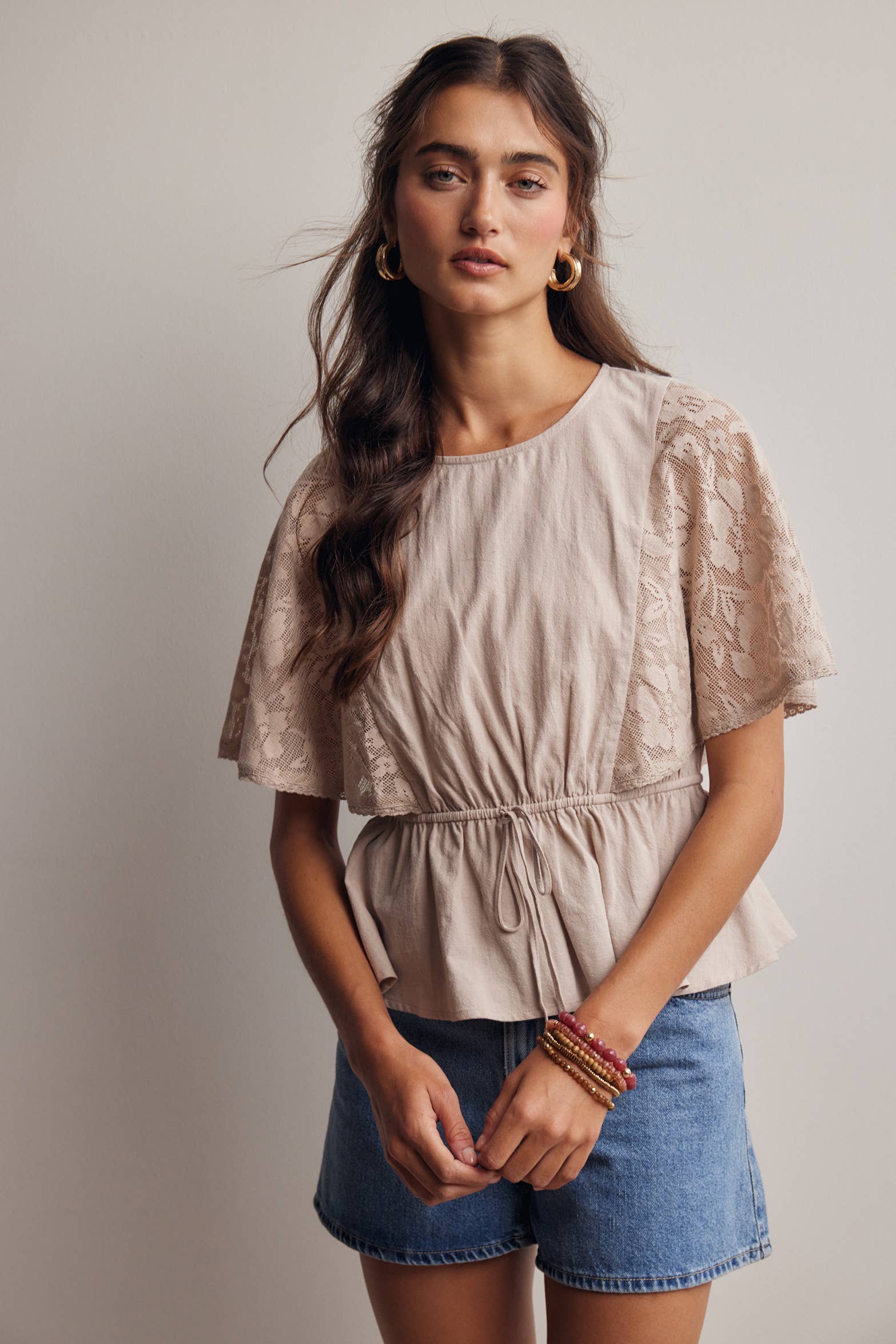 ASH Lace Cape Sleeve Cotton Peplum Top