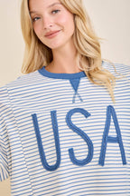 USA Rope Embroidery Striped Top: WHITE/BLUE