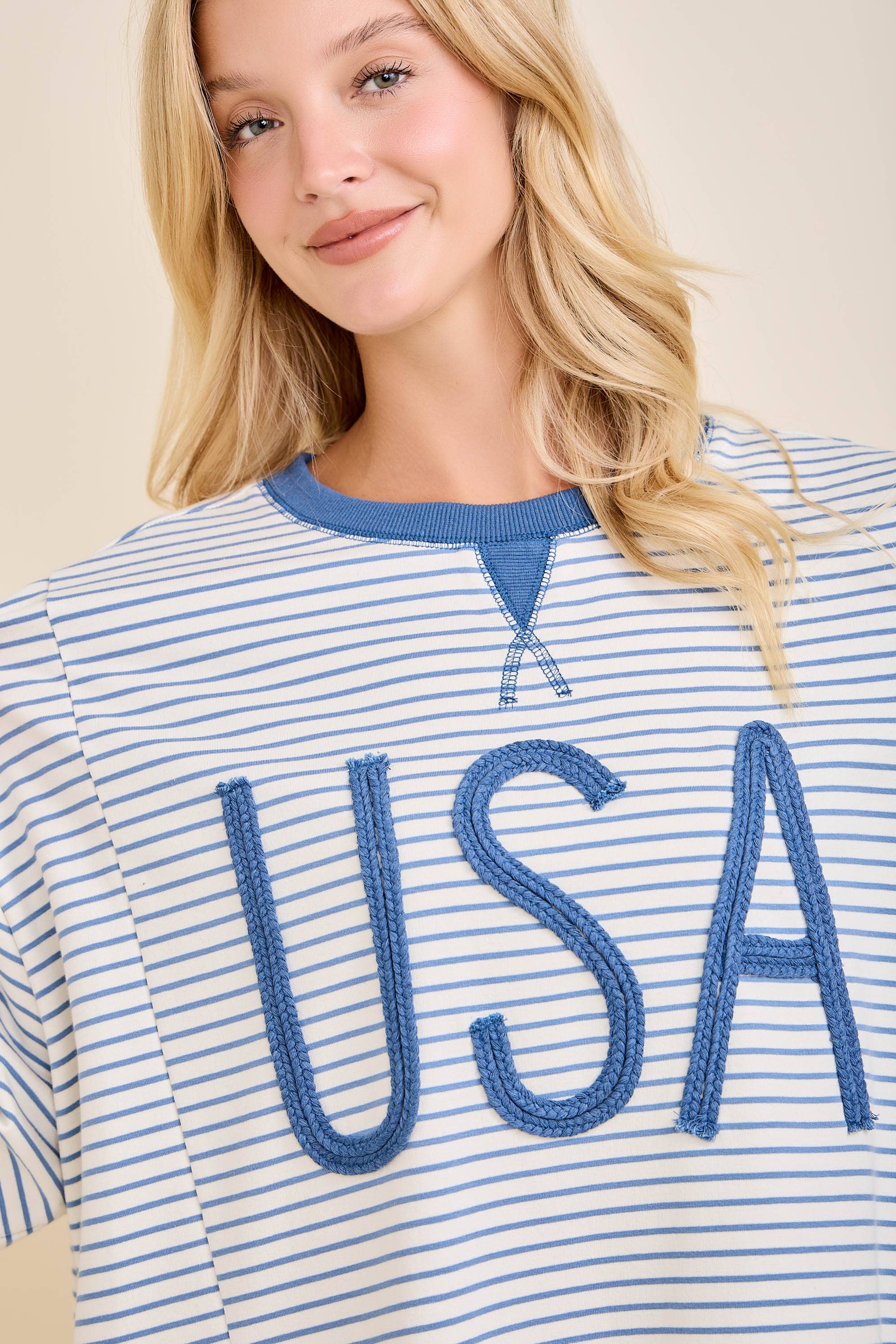 USA Rope Embroidery Striped Top: WHITE/BLUE