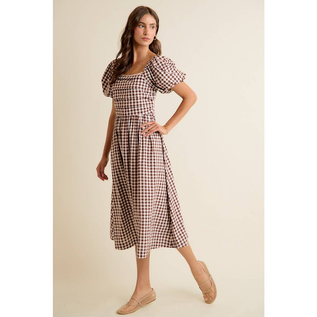 Brown GINGHAM LACE TRIM PUFF SLEEVES LINED MIDI DRESS