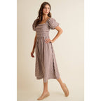 Brown GINGHAM LACE TRIM PUFF SLEEVES LINED MIDI DRESS