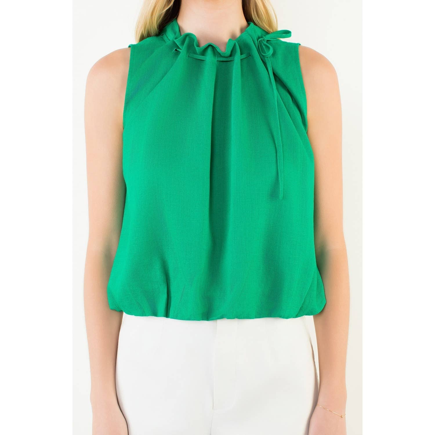 Sleeveless Tie Neck Ruffle Top: GREEN