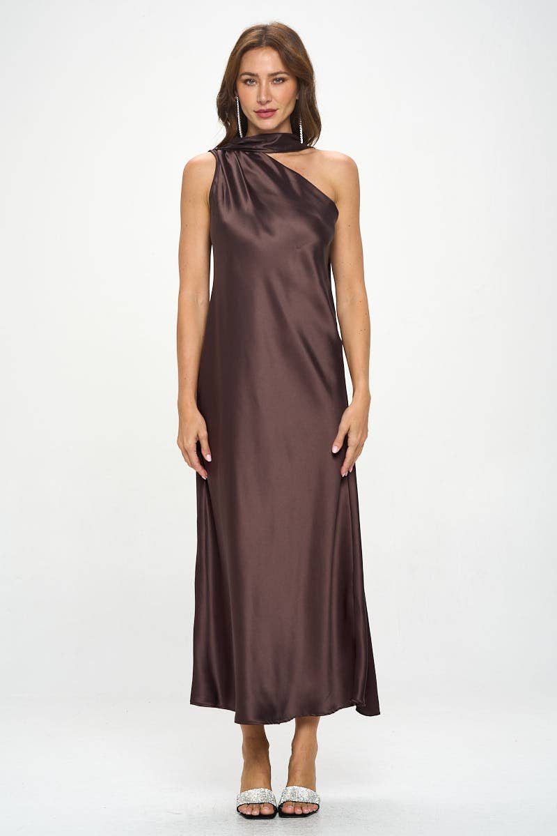 BROWN One Shoulder Satin Maxi Dress with Scarf Detail