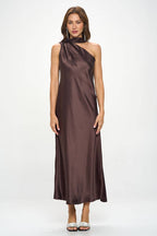 BROWN One Shoulder Satin Maxi Dress with Scarf Detail
