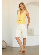 Yellow/White Sleeveless Stripe Tie-Front Peplum Top