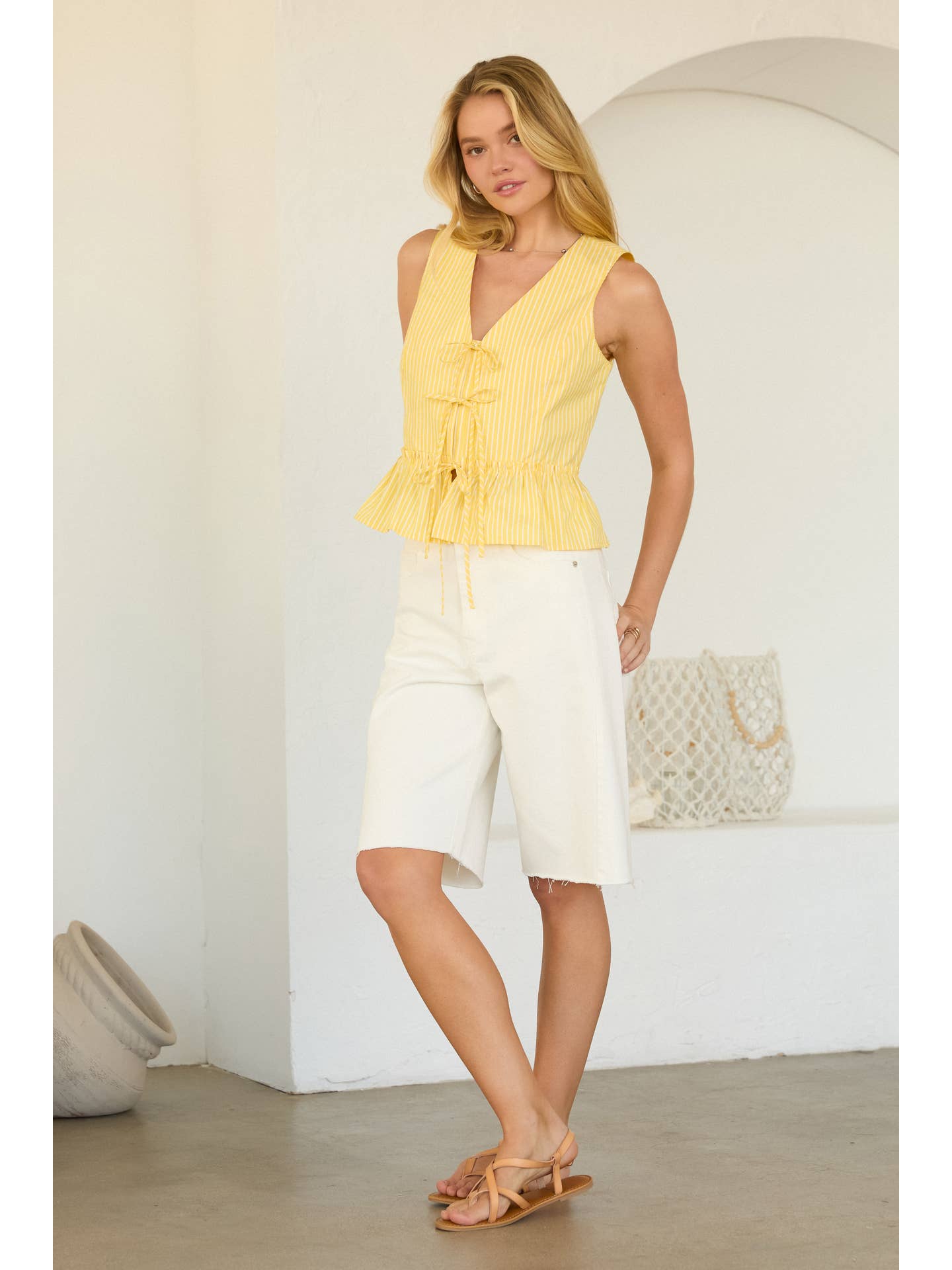 Yellow/White Sleeveless Stripe Tie-Front Peplum Top