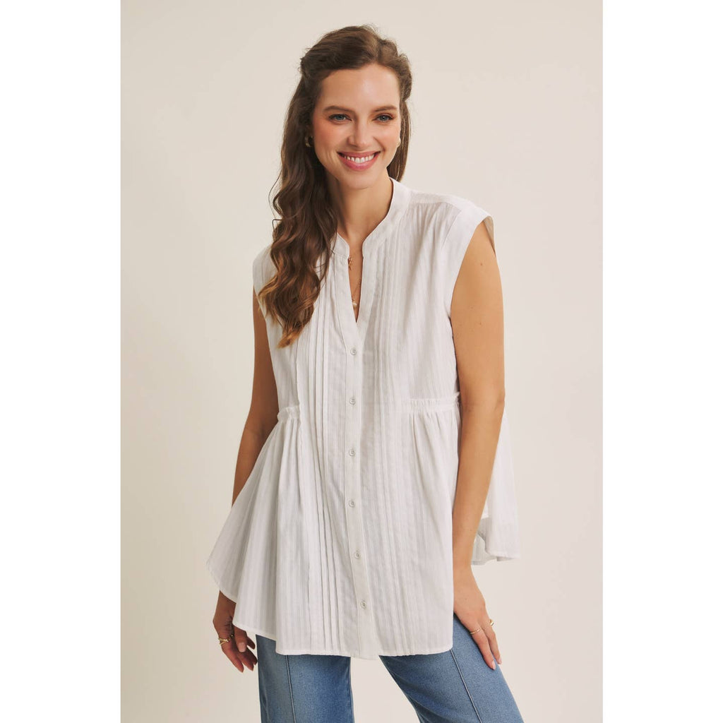 White Ease in Mind Textured Cotton Pleated Tunic Button-Down Shirt