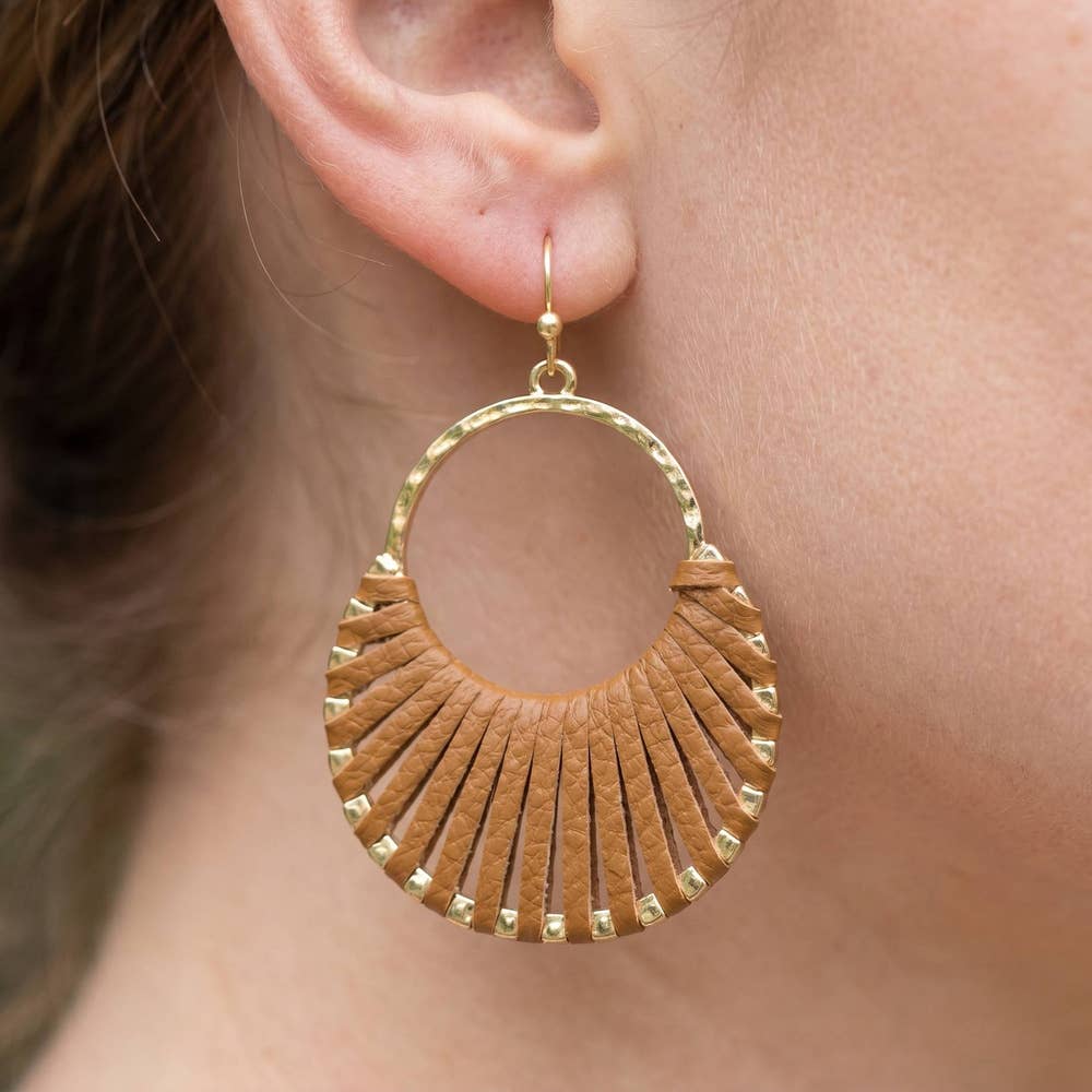 BRown Vegan Leather Woven Fan Hoop Dangle Earrings