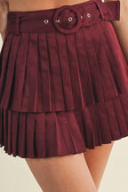 SUEDE PLEATED TIERED MINI SKIRT: CAMEL