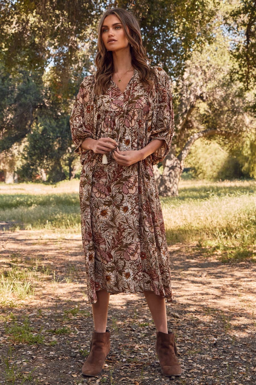 Bohemian Floral Maxi Dress: Beige Multi