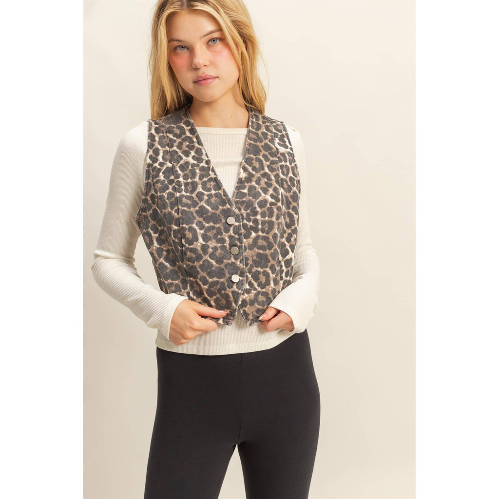Chic Leopard Print Denim Vest: CREAM