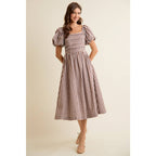 Brown GINGHAM LACE TRIM PUFF SLEEVES LINED MIDI DRESS