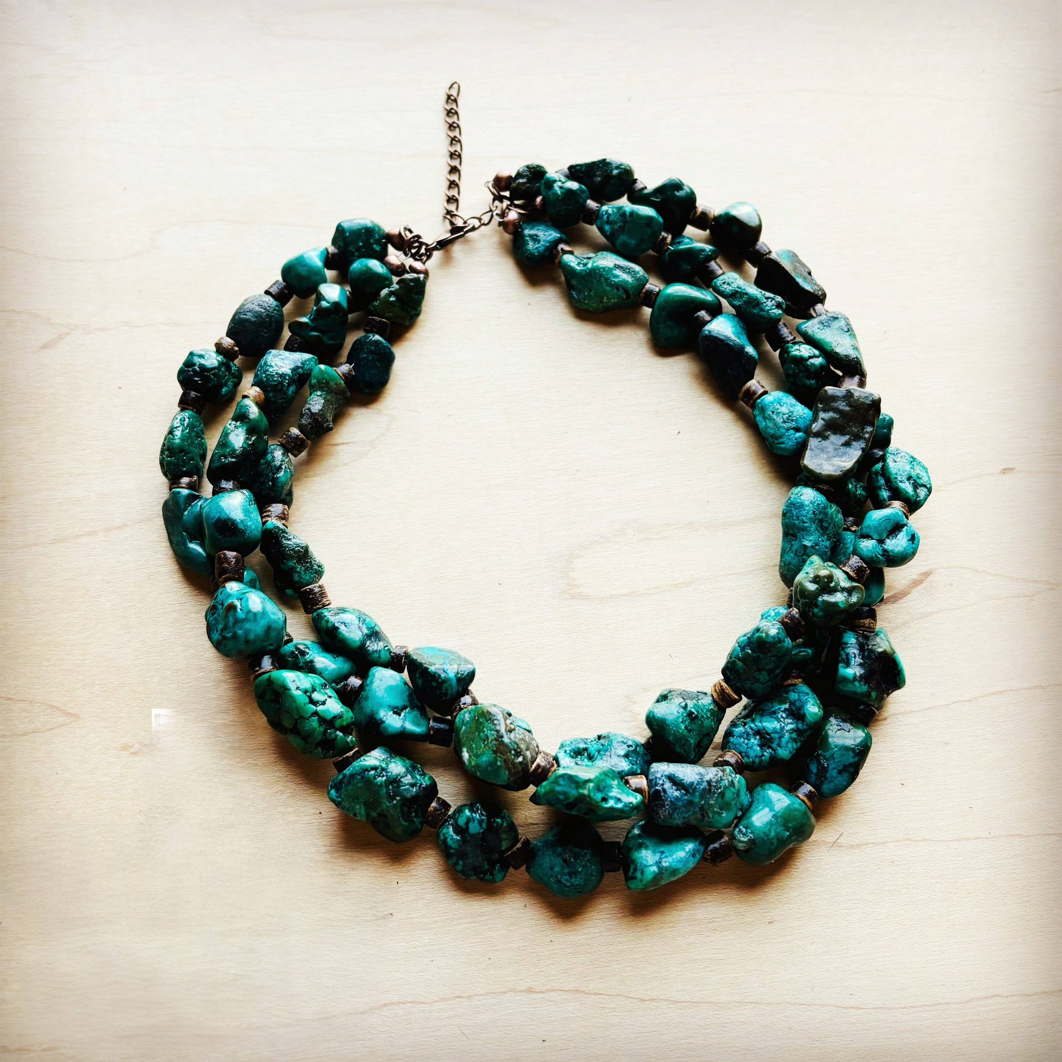 **Large Triple Strand Natural Turqu & Wood Collar Necklace