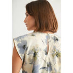 IVORY/BLUE Floral Satin Dolman Blouse and Skirt Set