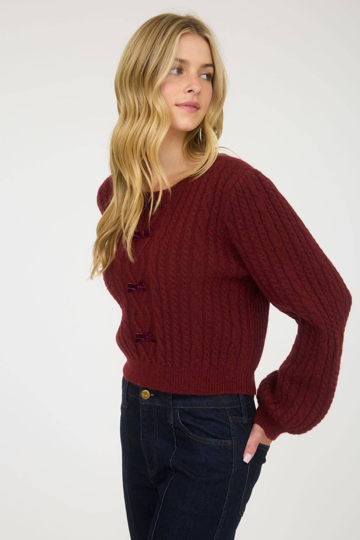 BURGUNDY CABLE KNIT FRONT VELVET BOW DETAIL KNIT SWEATER