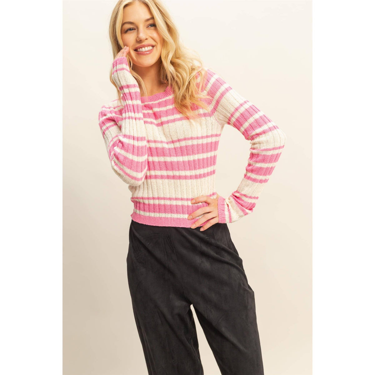 Horizontal Striped Crew Neck Sweater: PINK / S-M-L(2-2-2)