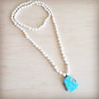 Long White Turquoise Beaded Necklace w/ Turquoise Pendant 263d