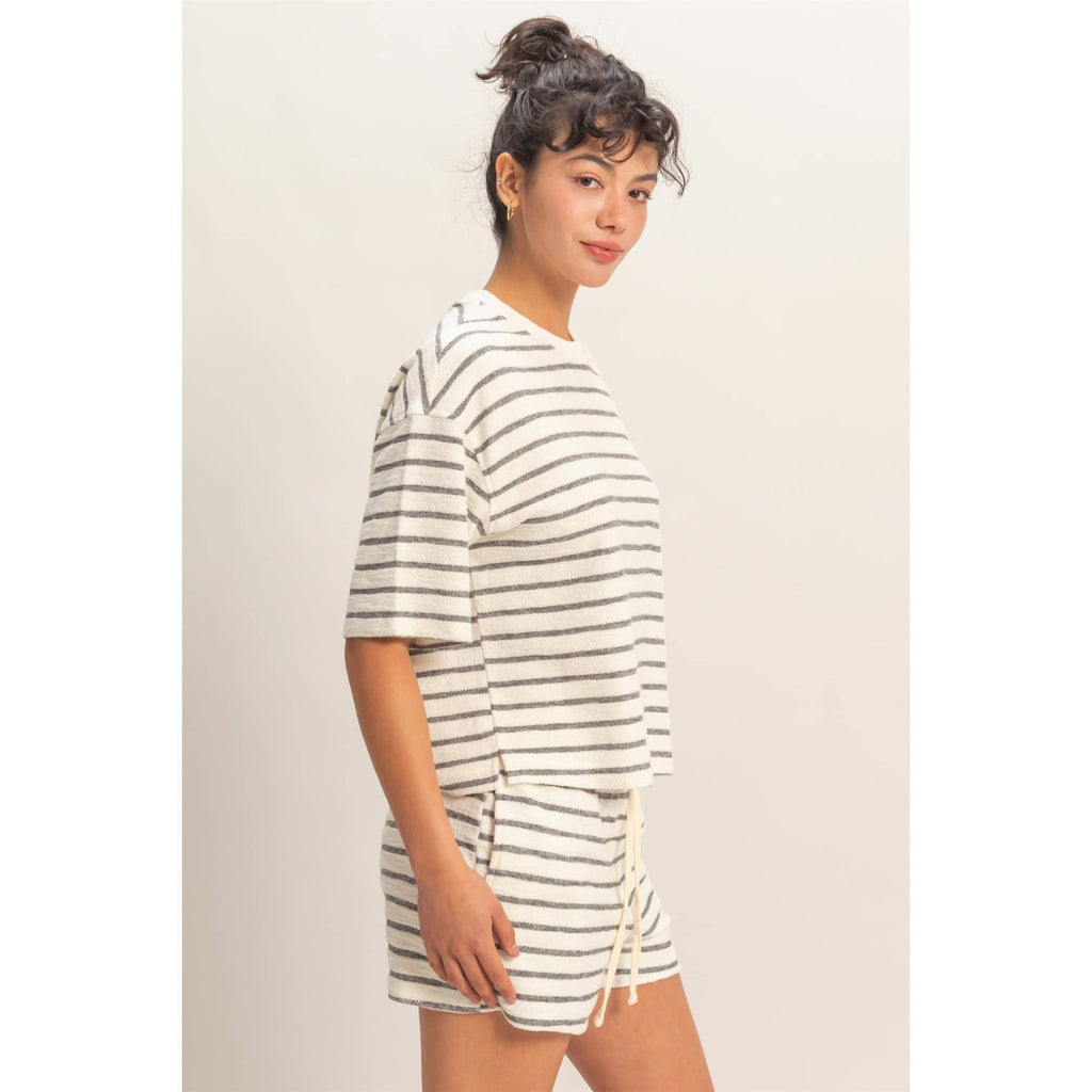 BLACK Striped Short Sleeve Terry SHORT SET