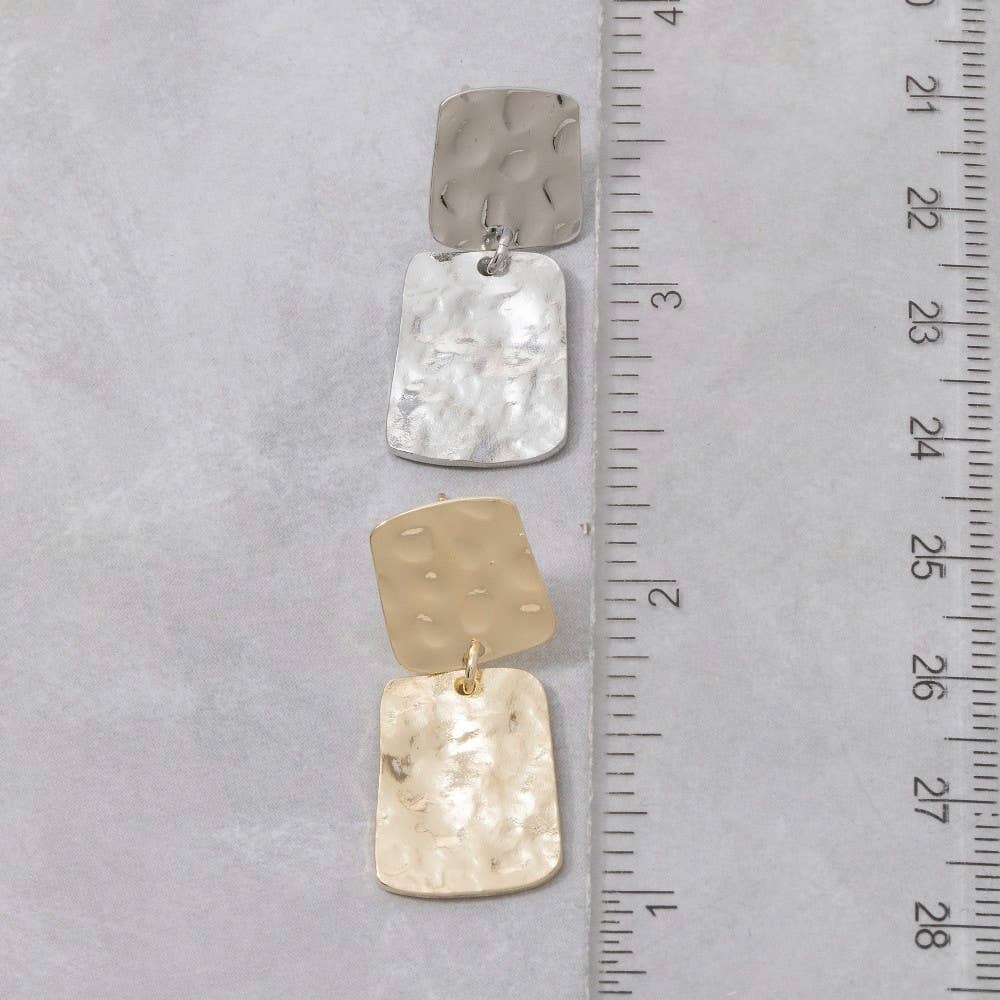 Silver Flat Hammered Squares Stud Dangle Earrings