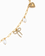 Multi Pearl Bow Charm Necklace: Gold