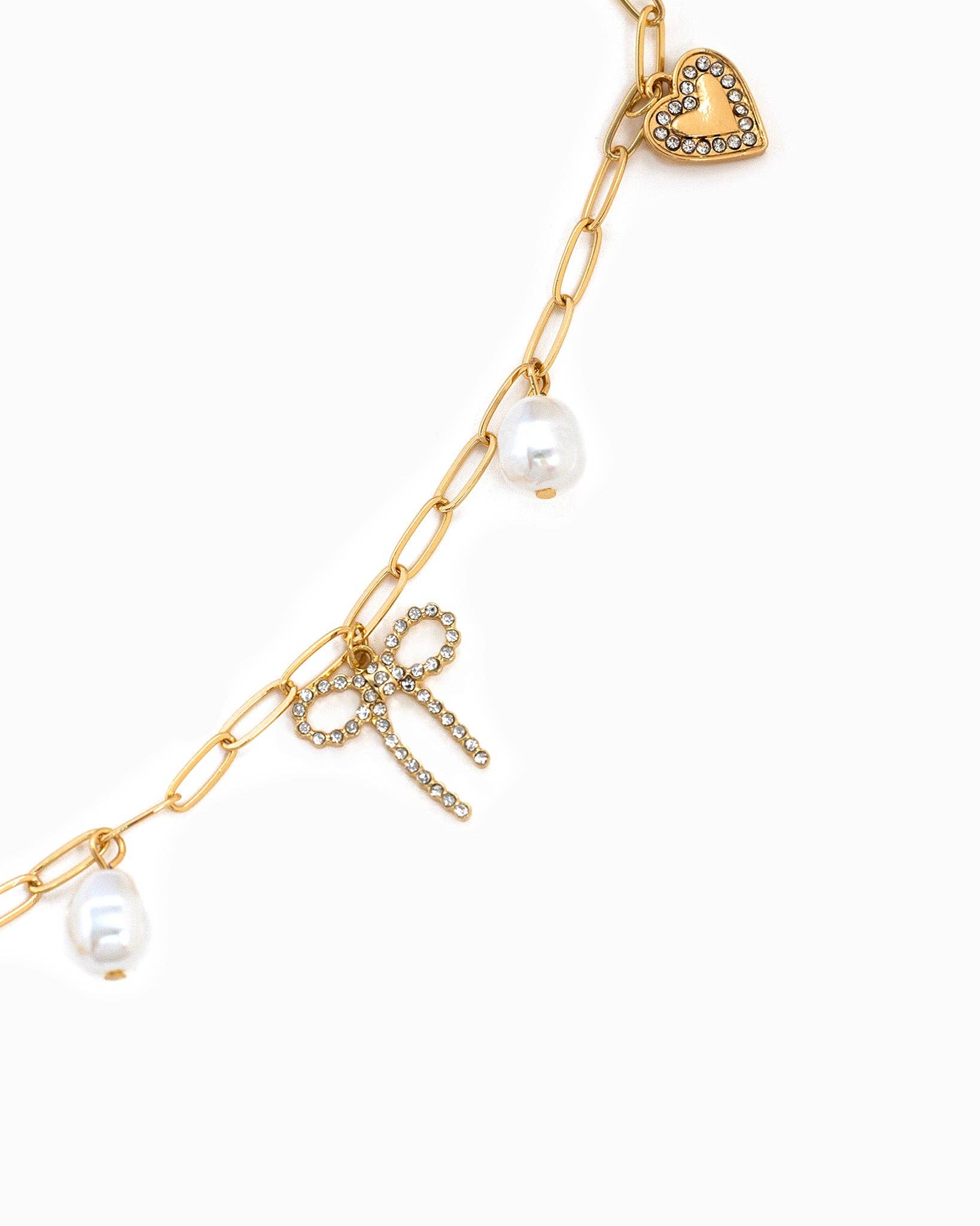 Multi Pearl Bow Charm Necklace: Gold