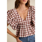 BROWN GINGHAM BUBBLE SLEEVES BACK SMOCKED BLOUSE TOP