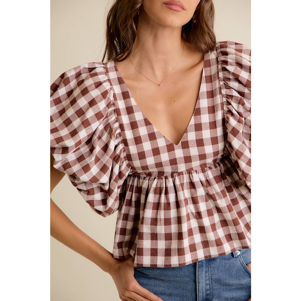 BROWN GINGHAM BUBBLE SLEEVES BACK SMOCKED BLOUSE TOP