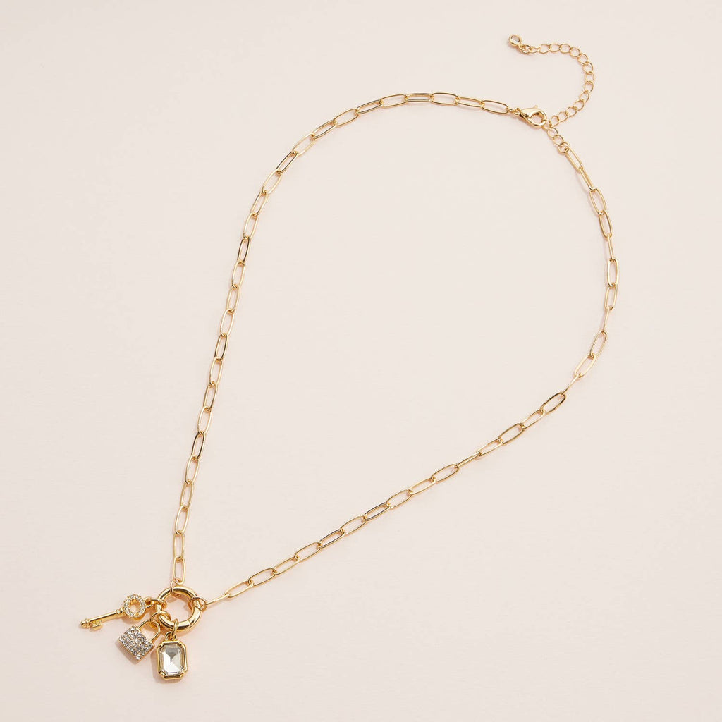 Gold Dipped Charm Necklace with Key and Gemstone Accents: Yellow Gold / One / 4DN18064