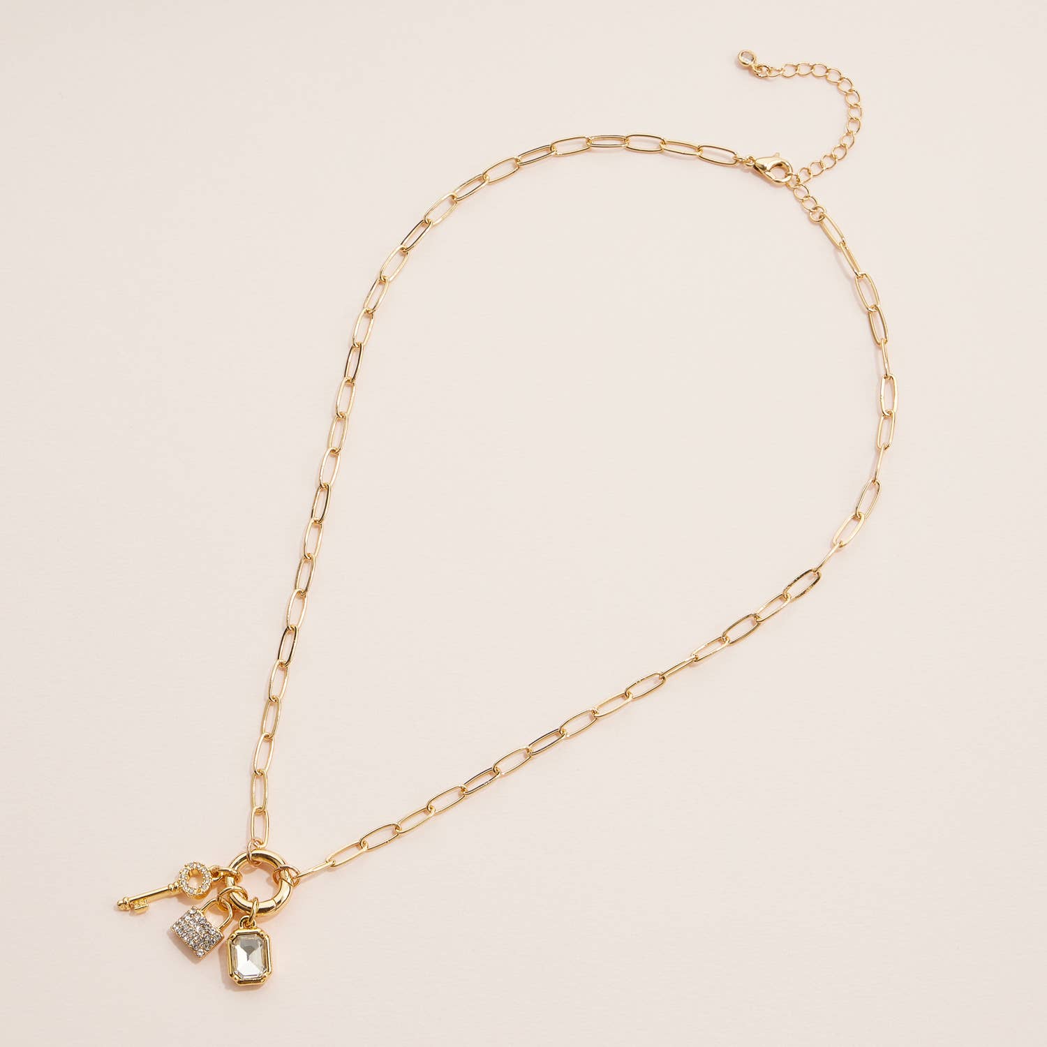 Gold Dipped Charm Necklace with Key and Gemstone Accents: Yellow Gold / One / 4DN18064