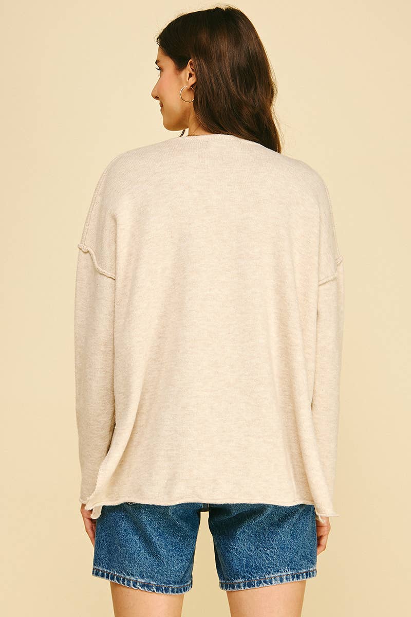 OATMEAL V-NECK EXPOSED SEAM SWEATER