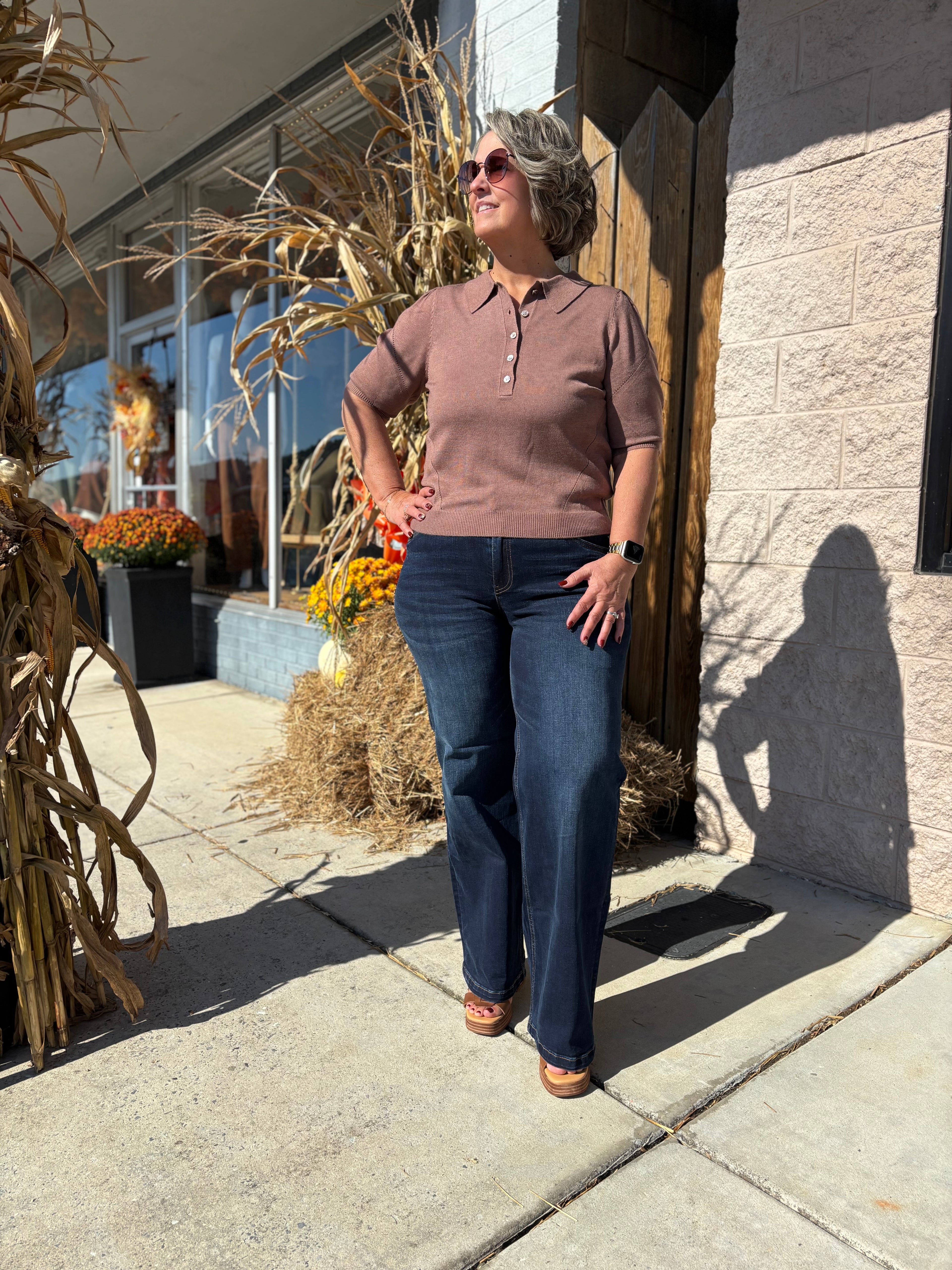 Ribbed Short Sleeve Polo Knit Top