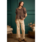 BROWN/IVORY POLKA DOT BOW DETAIL SHORT SLEEVES PEPLUM TOP