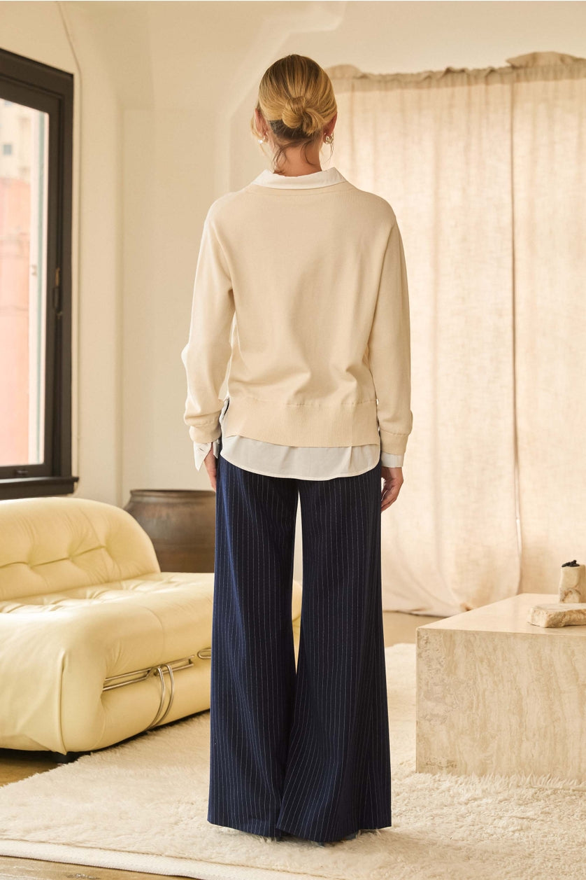 IVORY WHITE MIXED SHIRT LAYERED SWEATER