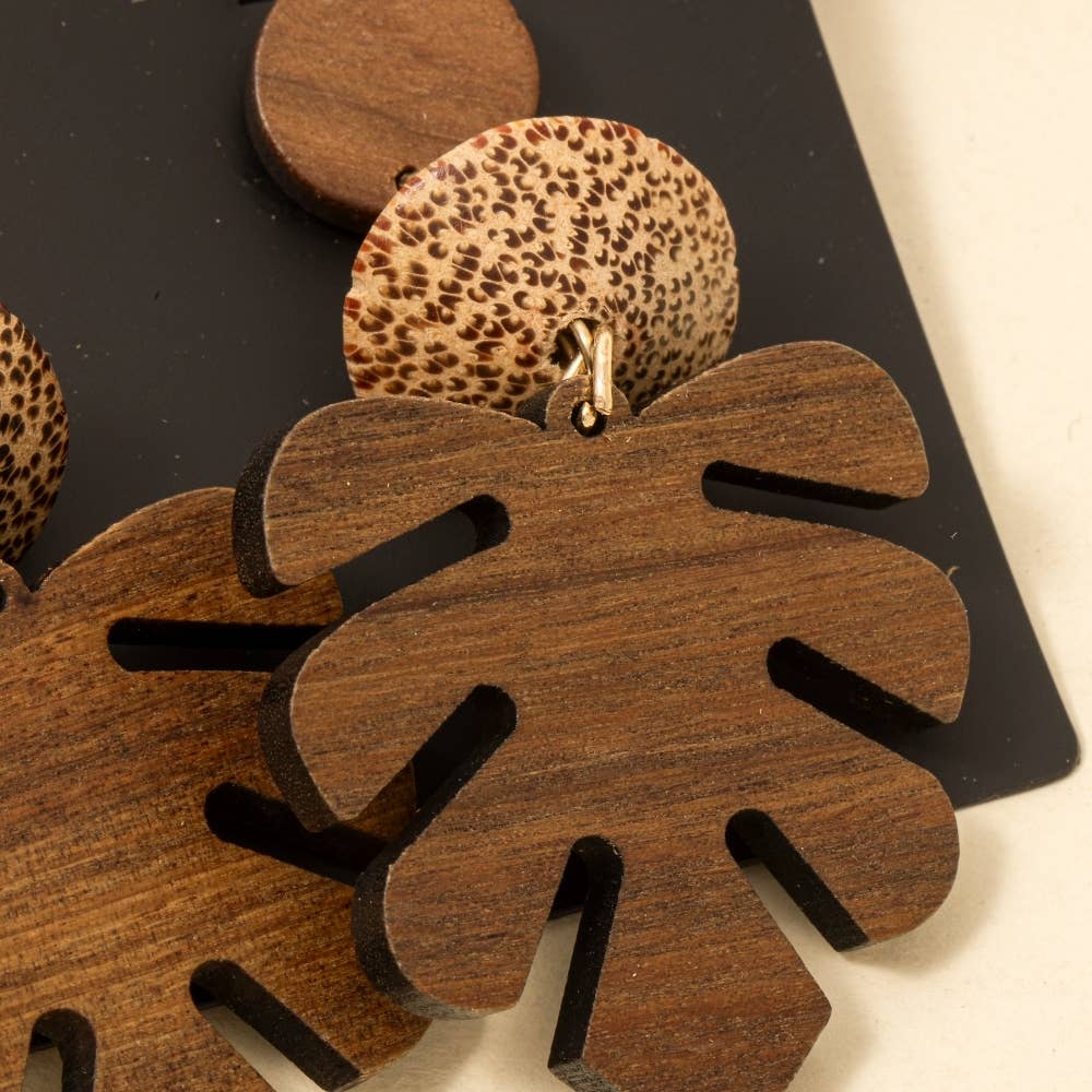 Wooden Monstera Leaf Dangle Earrings: BR
