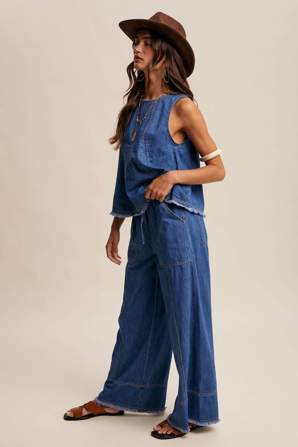 Blue Haze Washed Denim Tank & Wide-Leg Pants Set