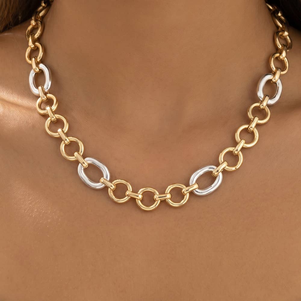 Two Tone Circle Link Chain Necklace: GS