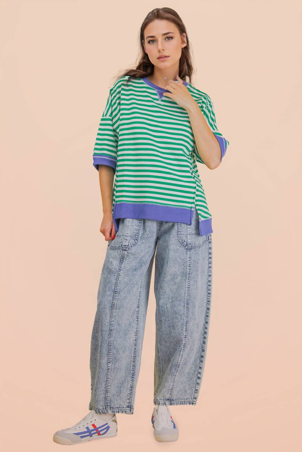 Kelly Green/Cream Oversized Stripe Casual Knit Top