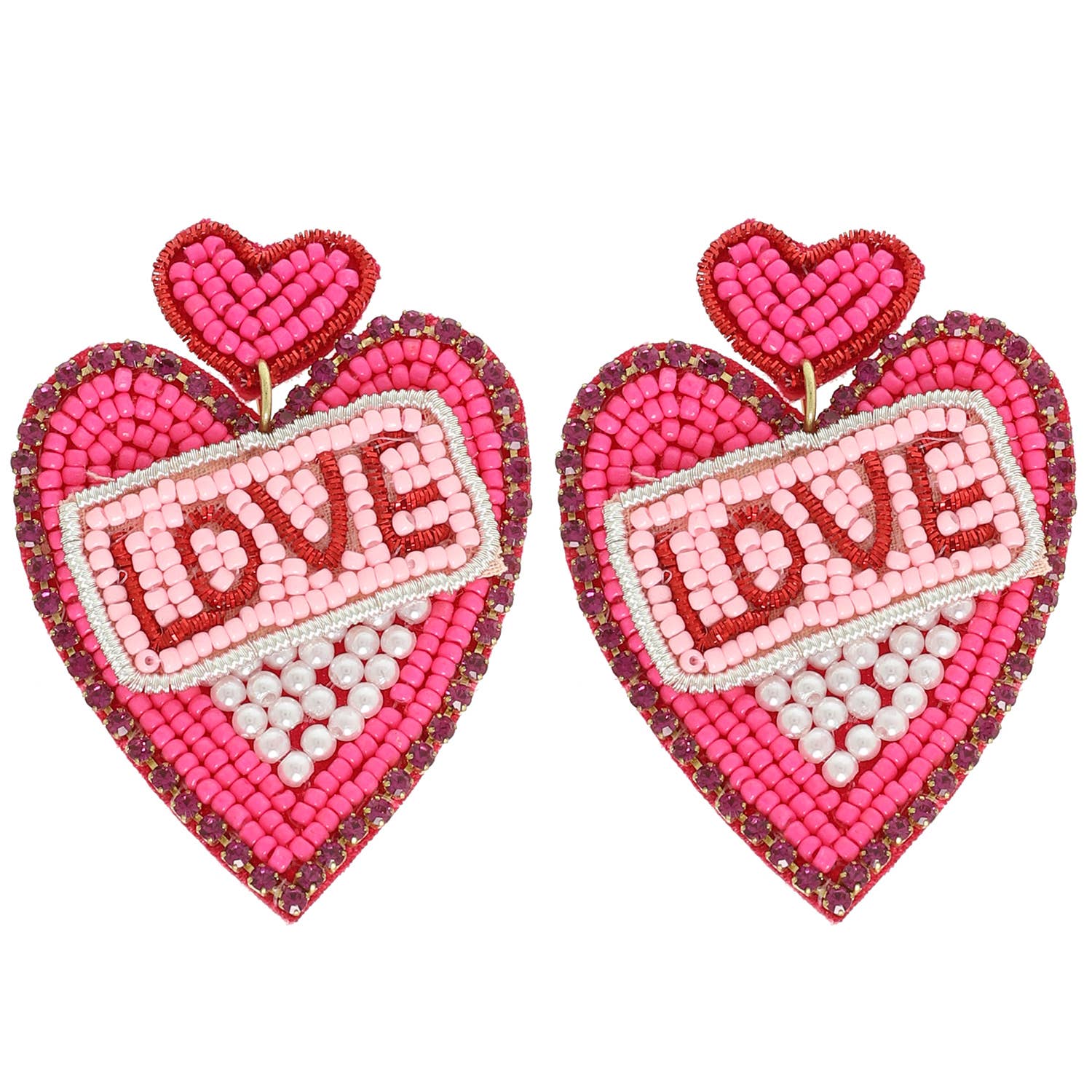 Heart Love Bead Embellished Earrings : Red