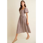 Brown GINGHAM LACE TRIM PUFF SLEEVES LINED MIDI DRESS