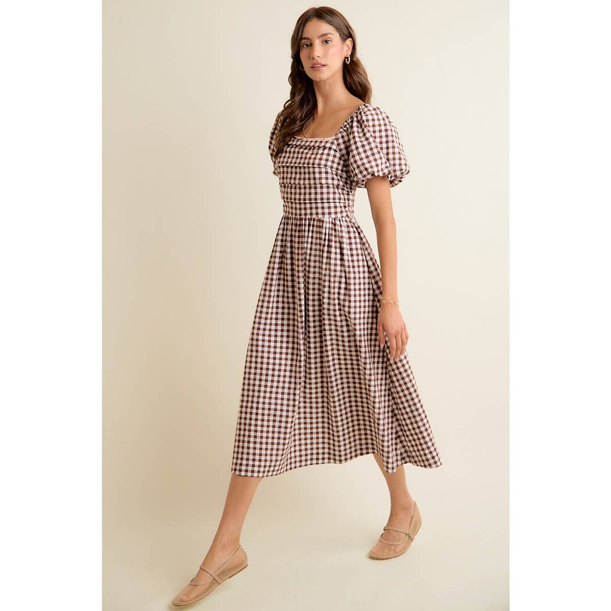 Brown GINGHAM LACE TRIM PUFF SLEEVES LINED MIDI DRESS