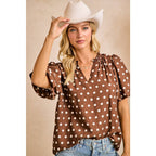 DK MOCHA/IVORY POLKA DOT PRINTED WOVEN RUFFLED V NECK TOP