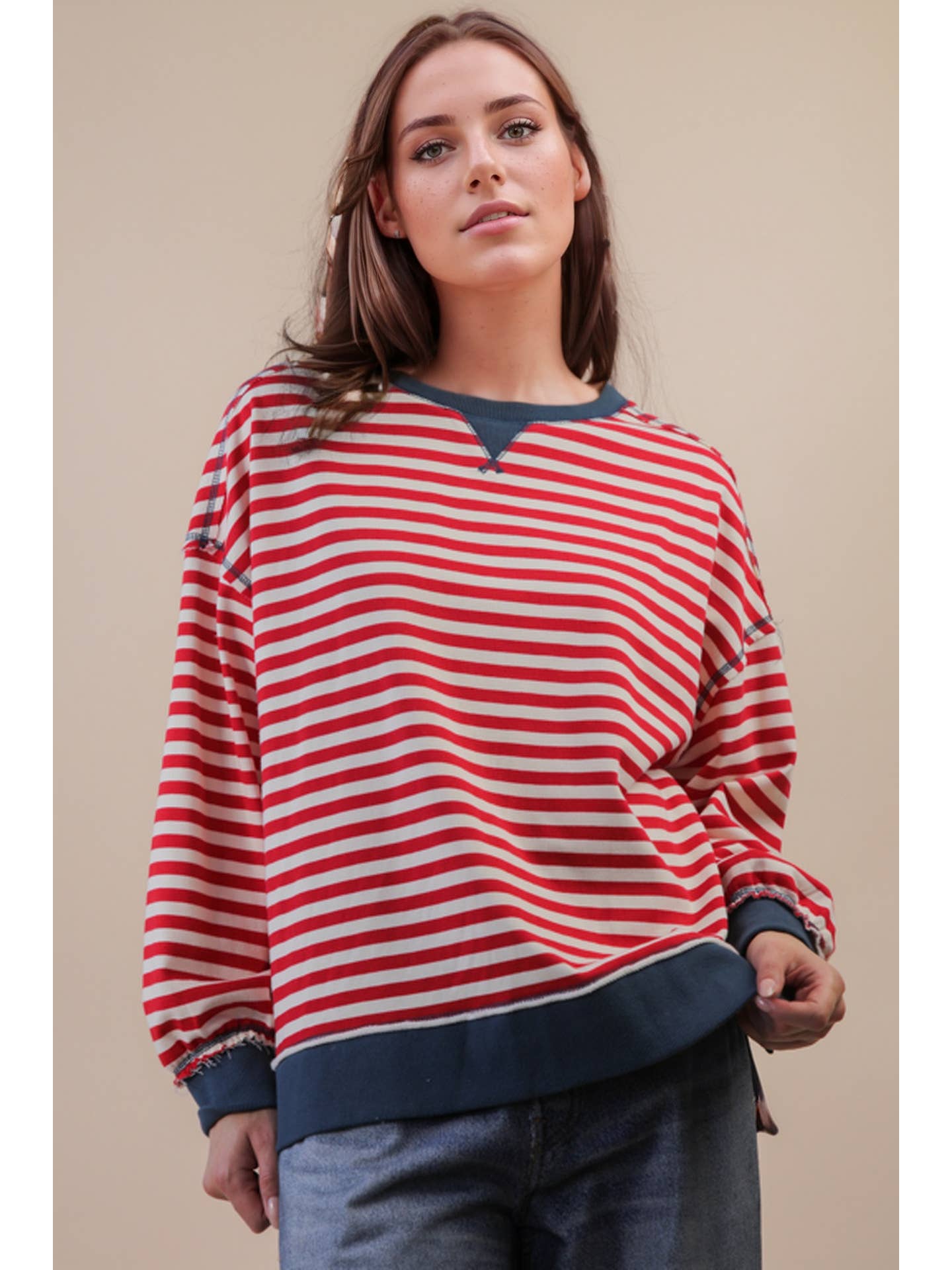 Red/Cream Stripe Comfy Casual Oversized Knit Top