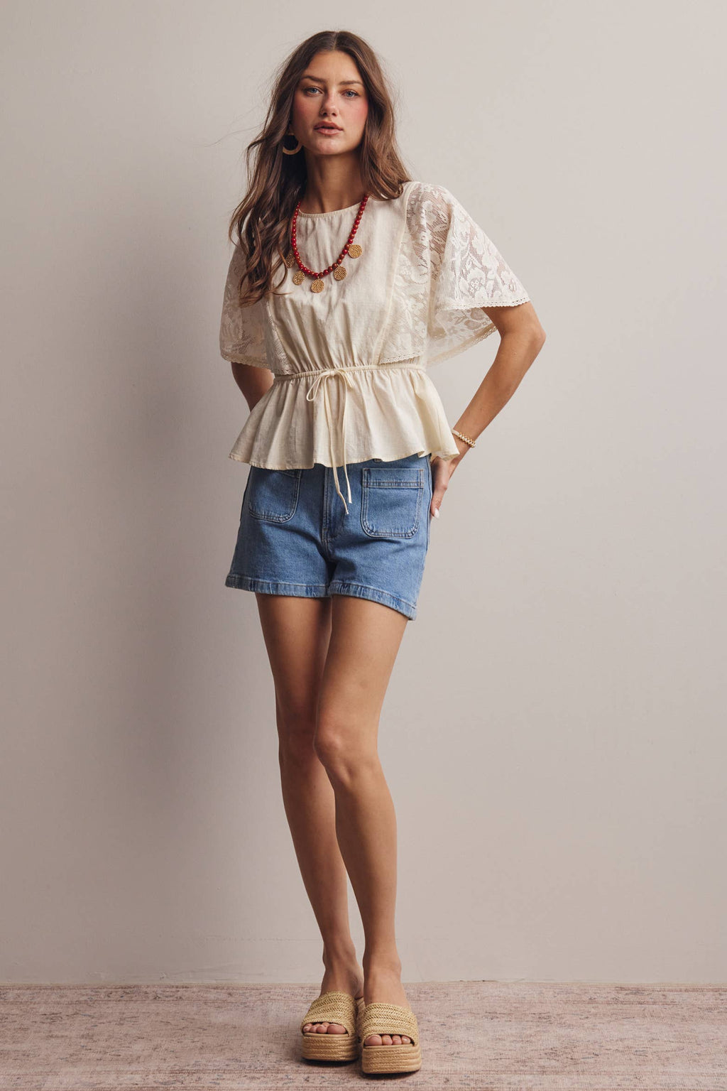ASH Lace Cape Sleeve Cotton Peplum Top
