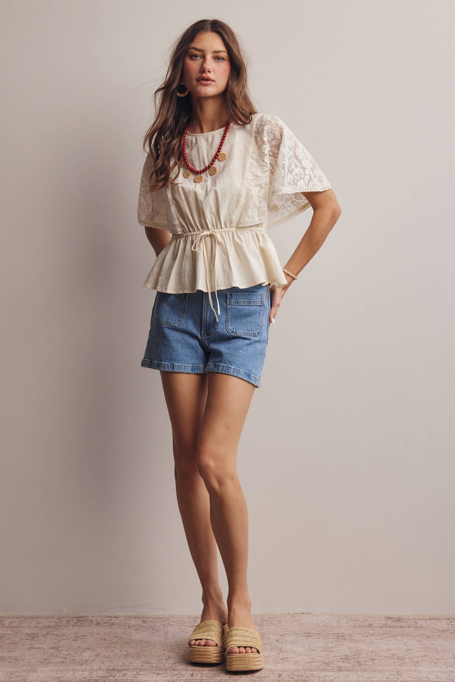 ASH Lace Cape Sleeve Cotton Peplum Top