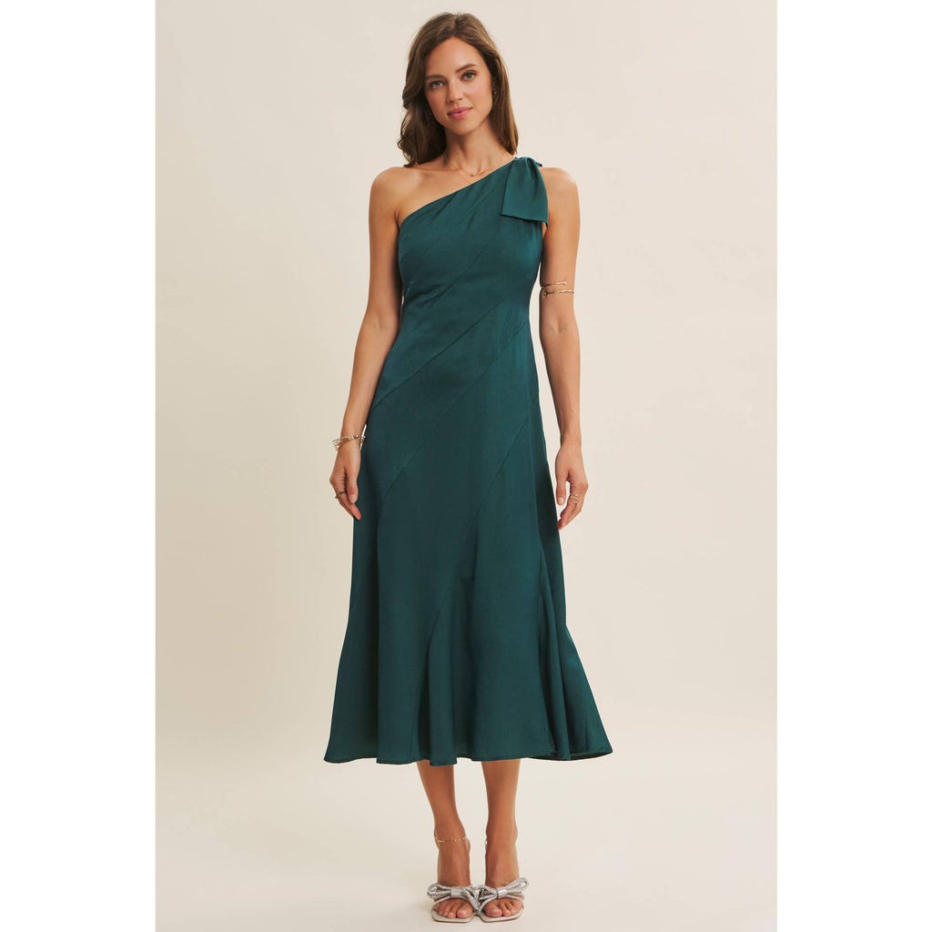 BURGUNDY HOLIDAY GLAM ONE-SHOULDER MIDI DRESS WITH SLANTED SEAMWORK