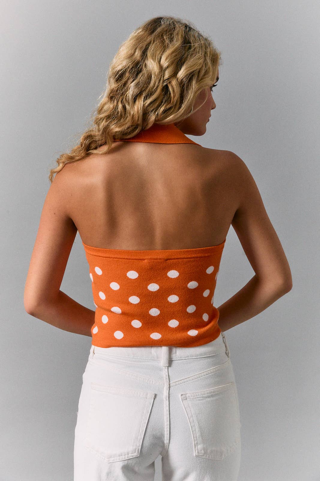 Orange White Dot V-NECK HALTER POLKA DOT KNIT SWEATER TOP