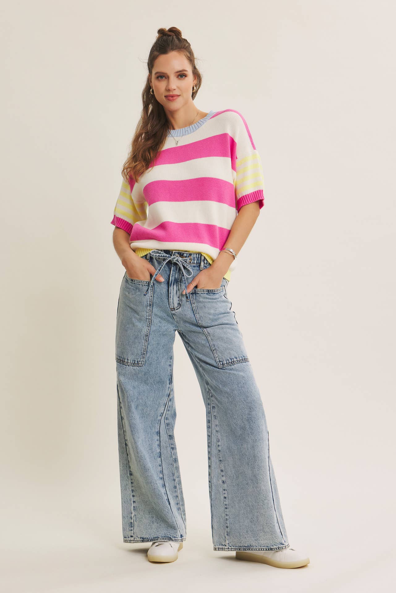 PLAYFUL SUMMER MULTI STRIPE COTTON SWEATER TOP: FUCHSIA/LEMON