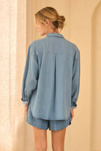 Washed Tencel Shirt with Pocket and Stripe Cuff: Chambray Blue