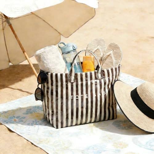 Striped Large-capacity PVC Tote Bag for Women Shoulder Bag : Green